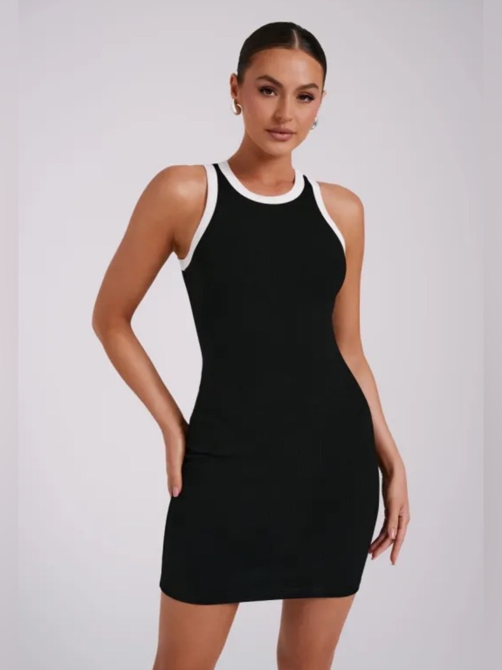 MESHKI Tina Ribbed Racer Neck Mini Dress Black White Trim Size M